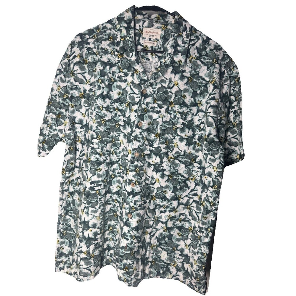 XL Weatherproof Vintage Washable Linen Shirt Button Down Green Yellow Floral